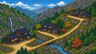 Pixel-art imaginary scene of Karuizawa moved from a Nakasendo post town to a resort, then a rail hub