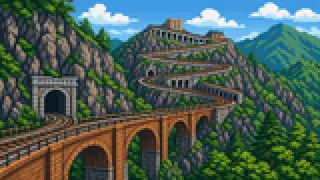 Pixel-art imaginary scene of From walking the Nakasendo to Abt-system rail and the bullet train: how travel to Karuizawa changed, reshaping the town, sourced