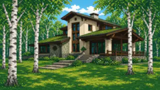 Pixel-art imaginary scene of Karuizawa's resort culture grew from a missionary's introduction, as villa residents organized and merchants adapted, sourced