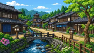 Pixel-art imaginary scene of Karuizawa Town holds overlapping names: Karuizawa, Kyu-Karuizawa, Oiwake, Kutsukake