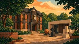 Pixel-art imaginary scene of See Kichijoji through Seikei Gakuen's 1924 move and the municipal art museum that opened in the town center in 2002