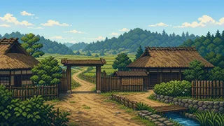 Pixel-art imaginary scene of Trace Kichijoji's name to people who moved after an Edo fire, using official Musashino City material on the village's beginnings