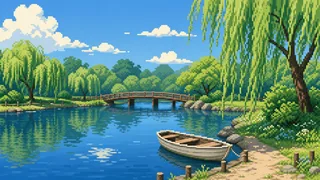 Pixel-art imaginary scene of Tell Taisho-era Inokashira Park apart from the wartime Nature and Culture Park through their waterside, wildlife, and cultural roles