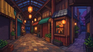 Pixel-art imaginary scene of Compare Sunroad, the main street north of Kichijoji Station, with Harmonica Yokocho, a district made up of five merchants' associations