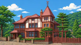 Pixel-art imaginary scene of Kitano's ijinkan and the former settlement: the Weathercock House, Moegi House, Nankinmachi and the exotic streets Kobe's open port made