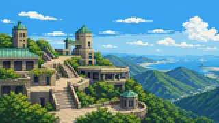 Pixel-art imaginary scene of A ten-million-dollar night view and ancient hot springs