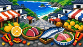 Pixel-art imaginary scene of A sourced guide to food and crafts in Kochi (Tosa), using Hirome Market as a local clue