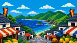 Pixel-art imaginary scene of A sourced guide to sunday markets and city streets in Kochi (Tosa), using Sunday Market as a local clue