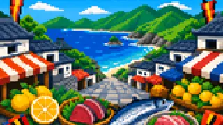 Pixel-art imaginary scene of A sourced guide to coast and mountain landscapes in Kochi (Tosa), using Katsurahama as a local clue