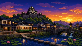 城郭の石垣と記録の層を描いた架空のドット絵風景