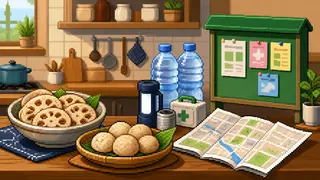 郷土料理と備えの道具を描いた架空のドット絵風景