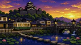 湧水池と庭園の水面を描いた架空のドット絵風景