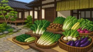 京の伝統野菜を描いた架空のドット絵風景