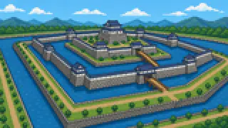 Pixel-art imaginary scene of Matsumoto Castle's triple moat and the castle town spreading out from it, from street plan to spring water network, sourced and explained