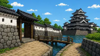 Pixel-art imaginary scene of How Fukashi Castle became Matsumoto, how citizens saved its keep from demolition, and how five canals reclaimed Azumino — with sources
