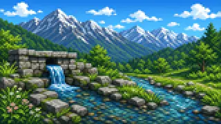 Pixel-art imaginary scene of Why Azumino's alluvial-fan springs stay a near-constant temperature all year, and how that made it a leading wasabi region, sourced