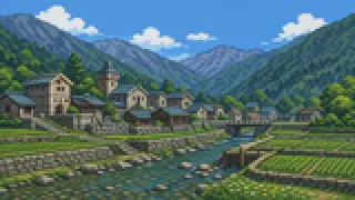 Pixel-art imaginary scene of Matsumoto, Azumino, Chikuma, Shinpu: four names for one basin, each from a different era and boundary