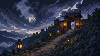 Pixel-art imaginary scene of The 1864 Tengu-to Rebellion at Mount Tsukuba, the clash at Nakaminato, and the 1868 Kodokan War that ended Mito Domain's internal turmoil
