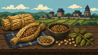 Pixel-art imaginary scene of How Mito natto became famous: the Minamoto no Yoshiie legend, Tokugawa Mitsukuni's encouragement, and the 1889 railway-driven boom