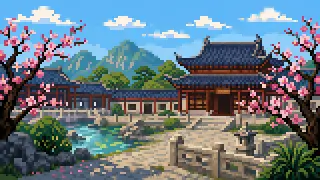 Pixel-art imaginary scene of Kodokan and Kairakuen, founded by Tokugawa Nariaki, embody one philosophy