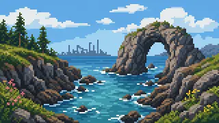 Pixel-art imaginary scene of imaginary coastal rocks and water-surface geometric motifs