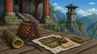 Pixel-art imaginary scene of How Togakushi soba, oyaki, and other flour foods, plus old paths and railways, trace the link between mountain and town, sourced