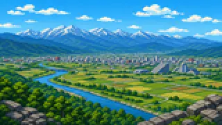 Pixel-art imaginary scene of Beyond its temple-town image: Nagano City's history from burial mounds and medieval battles to Edo-era rule and railways, sourced