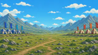 Pixel-art imaginary scene of The remembered standoff between Takeda Shingen and Uesugi Kenshin, kept apart from Matsushiro castle town's own heritage, sourced