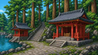 Pixel-art imaginary scene of How Togakushi's five shrines each play a role, and how the approach road and lodgings map that faith onto the mountain, sourced