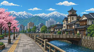 Pixel-art imaginary scene of Nagano City, Zenkoji-daira, Hokushin, Shinshu, Shinano Province: the same word can cover different ground