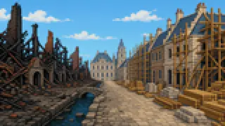 Pixel-art imaginary scene of Beyond the main hall: how fundraising tours, the Nakamise shopping street, and its approach road shaped Zenkoji's town, sourced