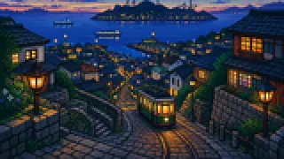 Pixel-art imaginary scene of A sourced guide to food and harbor life in Nagasaki City, using Nagasaki Chinatown as a local clue
