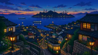Pixel-art imaginary scene of A sourced guide to exchange and memories of prayer in Nagasaki City, using Dejima as a local clue