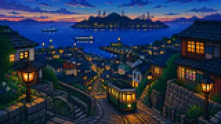 Pixel-art imaginary scene of A sourced guide to bridges, islands and local landscapes in Nagasaki City, using Meganebashi Bridge as a local clue