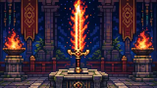 Pixel-art imaginary scene of Atsuta Jingu enshrines the sacred Kusanagi sword