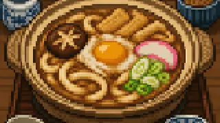 Pixel-art imaginary scene of Miso nikomi udon, hitsumabushi, tebasaki, ankake spaghetti: a guide to Nagoya's boldly flavored local dishes and how each came to be