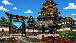 Pixel-art imaginary scene of Nobunaga, Hideyoshi, Ieyasu — all three unifiers rose from Owari