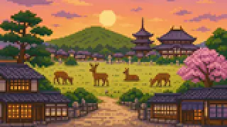 Pixel-art imaginary scene of A sourced guide to clues from food and craft in Nara City, using Naramachi as a local clue