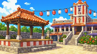 Pixel-art imaginary scene of Eisa, the sanshin, kumi odori, bingata, Tsuboya ware and shisa