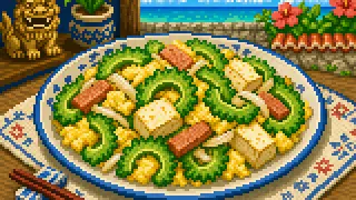Pixel-art imaginary scene of Goya chanpuru, Okinawa soba, rafute, umibudo, awamori, sata andagi and taco rice
