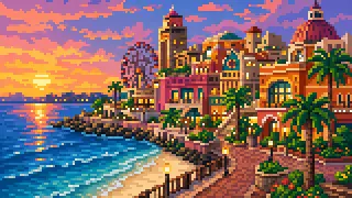 Pixel-art imaginary scene of Chatan, Nakijin, Iriomote, Bin