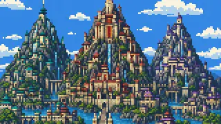Pixel-art imaginary scene of The rival Three Kingdoms, Sho Hashi's unification, the Second Sho dynasty, the Satsuma invasion, and the Ryukyu Disposition—a gentle guide