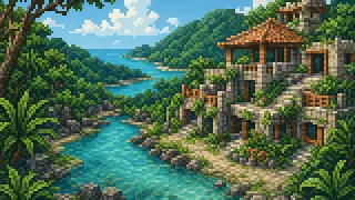 Pixel-art imaginary scene of The Yanbaru forest, Iriomote's mangroves, the Iriomote cat and Okinawa rail, the dugong and coral reefs