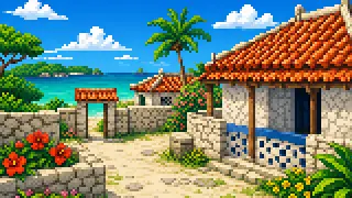 Pixel-art imaginary scene of "Shimanchu" (island person) means an Okinawan