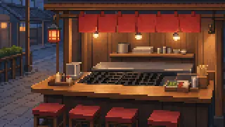 Pixel-art imaginary scene of Takoyaki, okonomiyaki, kushikatsu, butaman