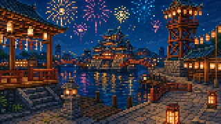 Pixel-art imaginary scene of Osaka's signature festivals: the Tenjin Matsuri, one of Japan's three great festivals, the fierce Kishiwada Danjiri, and Toka Ebisu