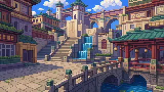 Pixel-art imaginary scene of The signature words of Osaka-ben—ōkini, nandeyanen, hokasu, naosu—the dialect of a city of commerce and comedy, with meanings