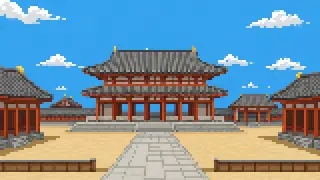 Pixel-art imaginary scene of Osaka Castle, built by Toyotomi Hideyoshi