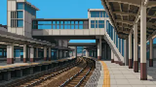 Pixel-art imaginary scene of Osaka's private railways—Kintetsu, Nankai, Keihan, Hankyu, Hanshin and Osaka Metro—plus key geography like Kita, Minami, Umeda and Namba