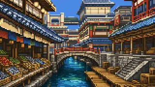 Pixel-art imaginary scene of In the Edo period, goods from across Japan converged on Osaka, "the Nation's Kitchen